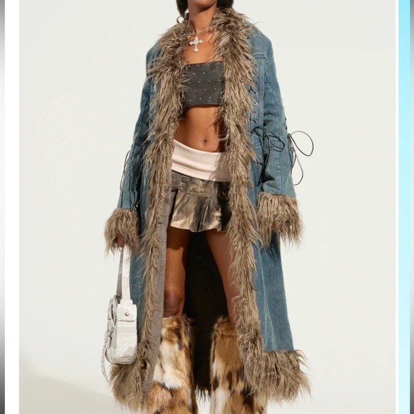 Akira SADE FUR TRIM DENIM TRENCH Y2K lace denim soft vintage retro jacket - Picture 1 of 13